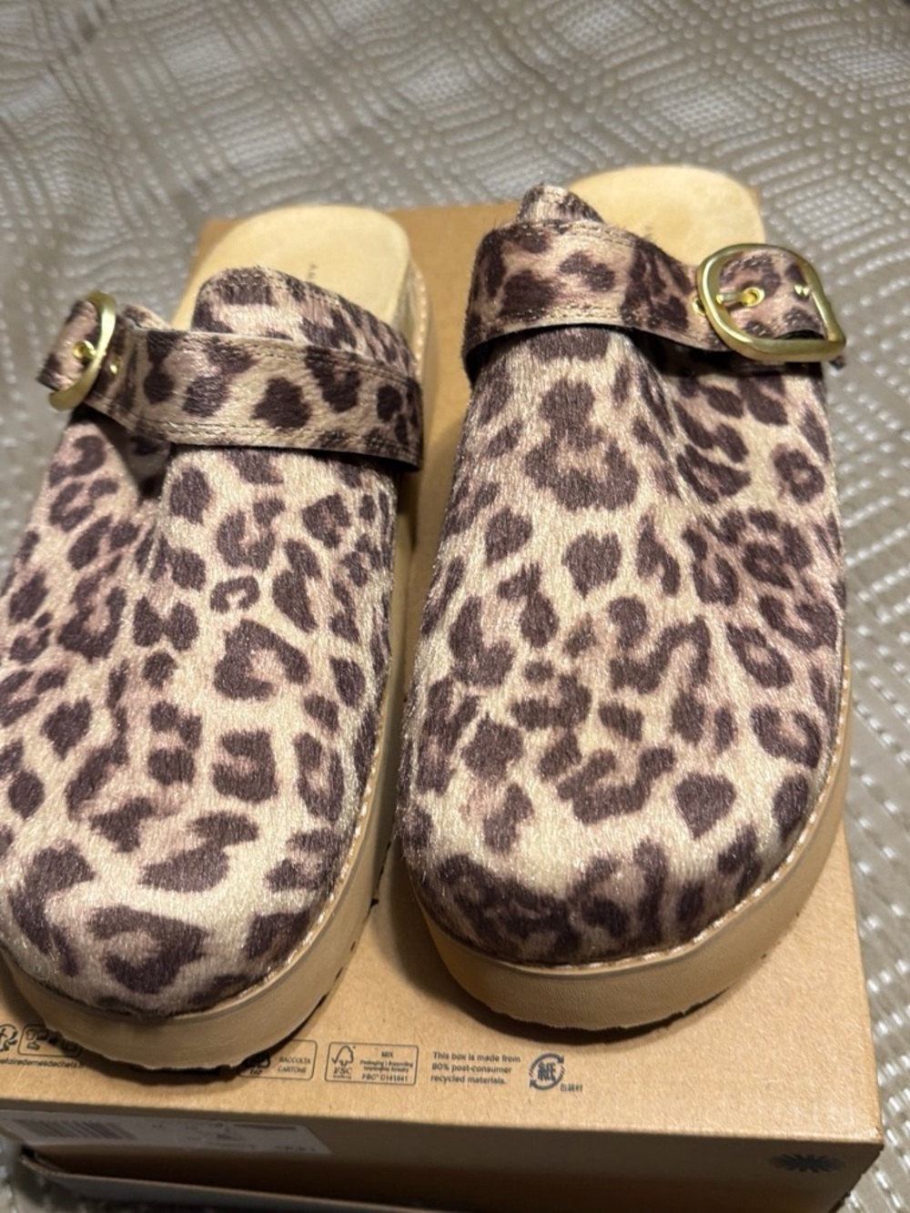 American Eagle Outfitters Leopard Print Clog Mules with Gold Buckles